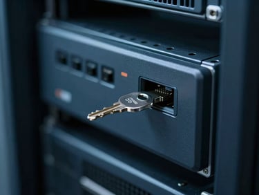 Close-up of a secure hardware key inserted into a sleek modern terminal, cool low-key lighting, sharp focus, 35mm