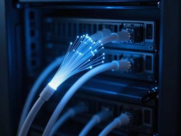 Macro photography of glowing fiber optic cables in a dark server rack, cool blue light, sharp focus, 35mm