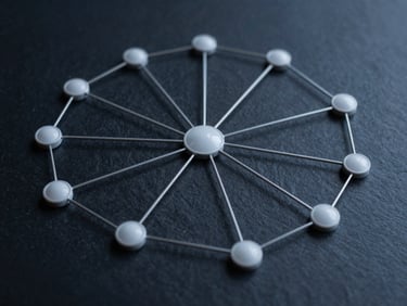 Abstract technical diagram of interconnected network nodes on a dark slate background, sharp focus, 35mm