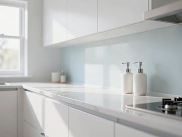 The exact same luxury kitchen counter, perfectly polished, gleaming, spotless, with neatly arranged high-end soap dispensers, bright natural daylight.