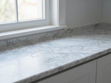 A slightly dusty, cluttered luxury kitchen counter with water spots and dull marble surfaces under natural light.
