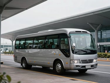 A pristine silver 16-seater executive minibus parked outside a modern airport terminal, soft overcast daylight, architectural framing, 35mm