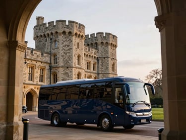Modern coach parked outside a historic UK castle at dawn, soft overcast daylight, crisp architectural framing, deep navy and gold tones, 35mm
