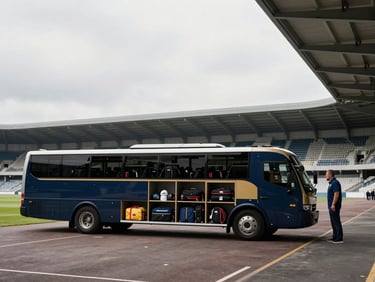 A modern coach with a team's sports equipment visible in the luggage compartment, parked at a stadium during an overcast day. Wide environmental shot, coach to the right third.