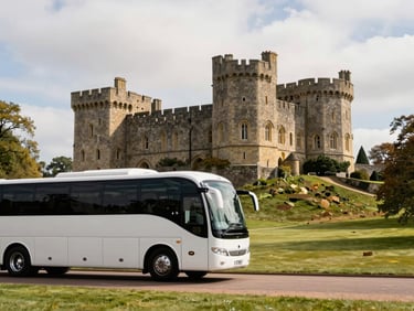 A pristine coach parked by a scenic UK landmark, such as a historic castle or a national park, bathed in soft daylight. Wide panoramic frame, coach to the left third.