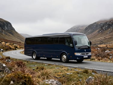 Luxury coach driving on a winding road through the Scottish Highlands, serene landscape, soft overcast daylight, deep navy and gold tones, 35mm