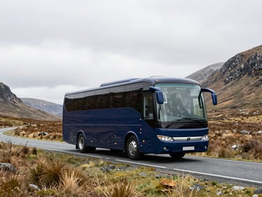 A luxury navy blue 57-seater touring coach driving on a scenic Scottish highland road, expansive landscape, soft overcast daylight, 35mm