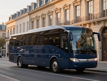 Sleek coach parked on a European city street, historic architecture in background, soft golden hour light, deep navy and gold tones, 35mm