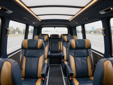 Pristine interior of a luxury touring coach with leather seats and panoramic windows, soft daylight, deep navy and gold tones, crisp architectural framing, 35mm