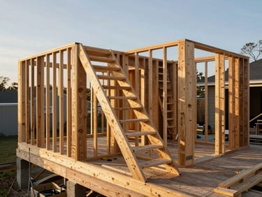 Wide environmental shot of a carpenter setting stair stringers on a residential deck frame, golden-hour daylight from the left, weathered lumber and concrete footings visible, no posed expression — documentary framing