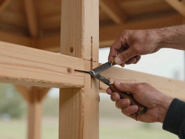 Tight close-up of a carpenter's hands inspecting a mortise-and-tenon post-to-beam joint on a gazebo structure, soft north-facing daylight, wood grain and chisel marks visible — documentary detail shot