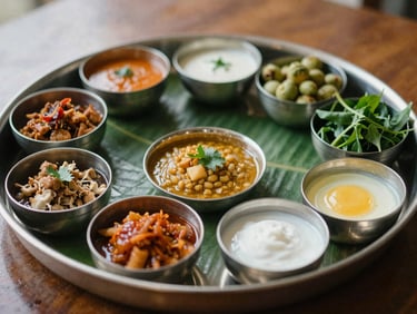 A traditional Maharashtrian thali, beautifully arranged with various small bowls, soft natural daylight, close-up framing, rich earth tones.