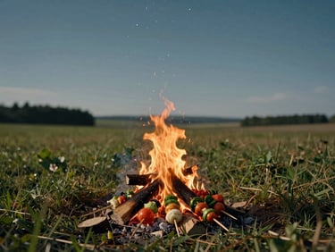 A crackling bonfire with skewers of fresh vegetables and local spices, under a starry night sky, wide cinematic framing, warm editorial photography.