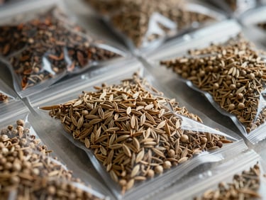 A close-up of whole dried spices, including coriander and cumin seeds, in clean industrial packaging.