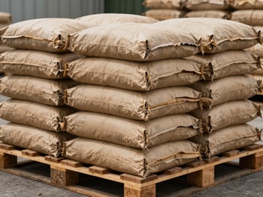 Processed agricultural products in heavy-duty multi-layer paper sacks stacked neatly on a wooden shipping pallet.