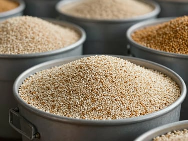 Raw sesame and mustard seeds piled in clean, dry industrial storage bins.