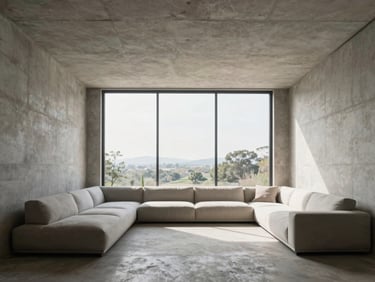 Wide-angle architectural shot of a minimalist living room in Puebla, concrete walls, high ceilings, natural daylight flooding from a massive window, clean lines