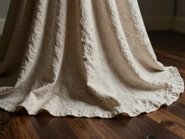Close-up of high-end linen drapery falling in perfect waves onto a dark oak floor, soft directional morning light, quiet luxury aesthetic