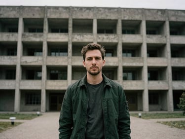 Environmental portrait of a male reporter standing in front of modern brutalist architecture, diffused daylight, desaturated tones, editorial