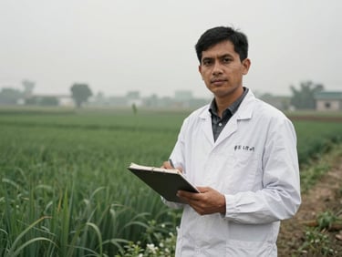 Environmental portrait of a male researcher holding a notebook in an outdoor rural setting, overcast day, desaturated earth tones, documentary photography