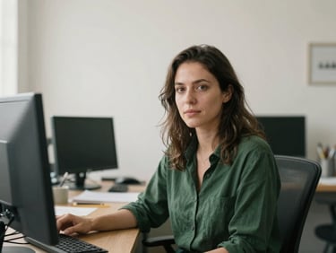 Environmental portrait of a female editor looking slightly off-camera in a sunlit newsroom, desaturated earth tones, 35mm lens