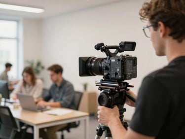 Filming crew with professional camera on set, soft studio lighting, blurred background, warm tones, shallow depth of field