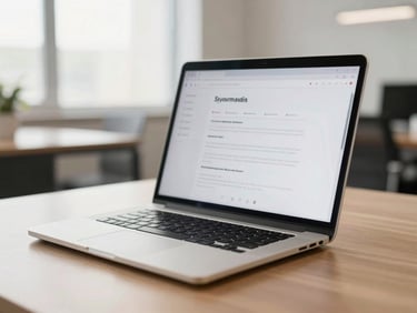 Modern professional working on a laptop, clean UI design on screen, natural office light, warm tones, shallow depth of field