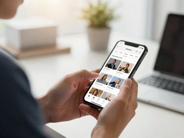 Person scrolling through social media feed on a smartphone, blurred creative content on screen, soft natural light, warm tones, shallow depth of field