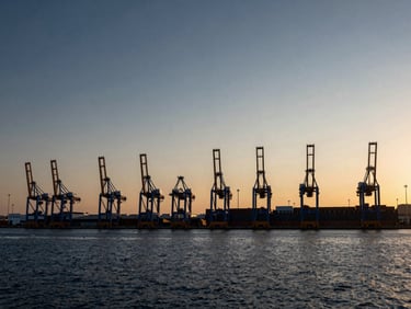 Wide-angle architectural view of a modern European shipping port at dawn, deep navy water, sharp geometric crane silhouettes against a cool golden sky, premium editorial corporate photography