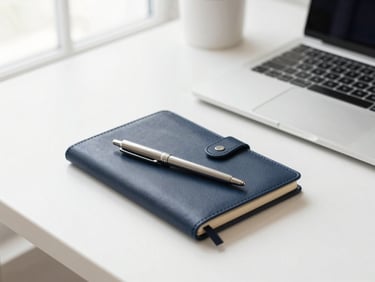 bright editorial photography, soft natural daylight, clean minimalist workspace with a laptop, organized leather notebook, metal pen, neutral tones with navy accents, professional, 35mm