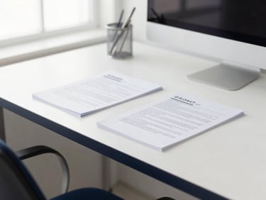 Bright editorial photography of a clean minimalist workspace with organized documents, soft daylight, navy accents, 35mm