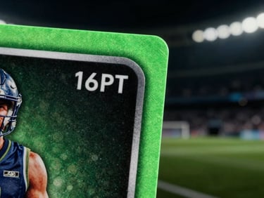 Extreme macro close-up showing the glossy texture and metallic edge of a physical 16pt sports trading card, dramatic neon green rim lighting, dark moody stadium background
