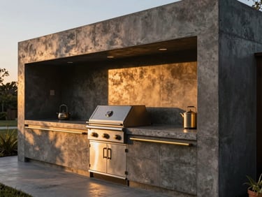 Architectural photograph of a custom poured-concrete outdoor BBQ kitchen with gold hardware at golden hour, warm lighting.