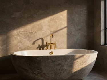 Luxury bathroom with a freestanding stone tub, gold fixtures, natural light casting soft shadows, elegant editorial style.