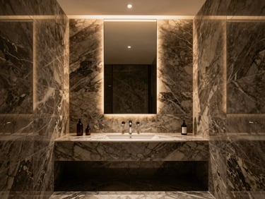 Straight-on architectural photography of a minimalist luxury bathroom, custom marble tile walls, warm interior accent lighting, sharp focus.