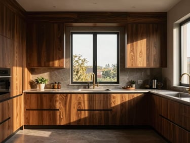 Straight-on architectural photography of a luxury kitchen with custom walnut cabinets, warm golden-hour light streaming through a large window, rich dark tones, sharp focus.