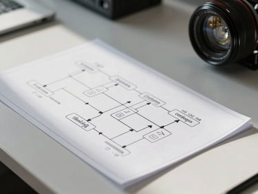 Close-up of physical operational flowcharts and blueprints laid out on a clean white desk, sharp side-lighting, high contrast.