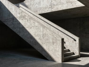 Tight geometric crop of a clean architectural concrete staircase with dramatic side-lighting and sharp shadows, representing structure and precision.
