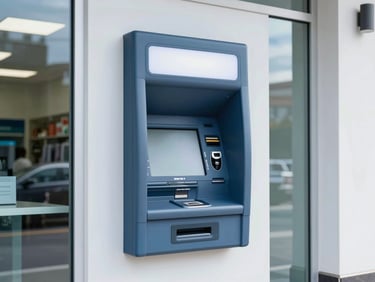 An ATM machine installed in a modern, brightly lit retail store next to a clean glass storefront, 35mm lens, corporate blue tones