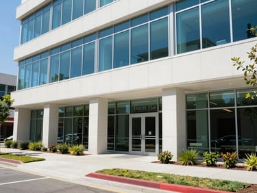 Bright modern commercial office building exterior in California, clean landscaping, sunny daylight, professional corporate environment