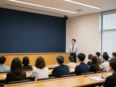 An elegant university lecture hall during a presentation, natural lighting, professional audience, 35mm.