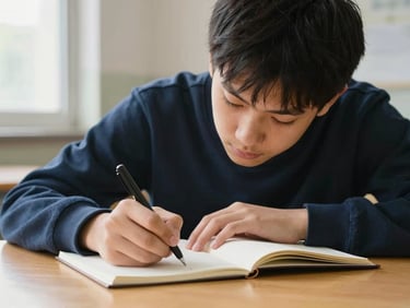 Close-up of a student writing in a notebook in a bright classroom, soft window light, scholarly focus, 35mm.