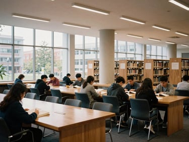 Wide panoramic shot of a modern university library with warm window light illuminating students reading at long oak tables, 35mm, editorial photography.