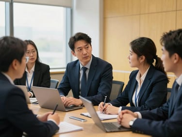A collaborative corporate seminar room with professionals discussing around a wooden table, soft window light, navy and gold accents, sharp focus, 35mm