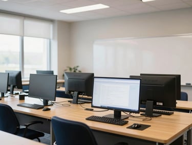 Modern collaborative learning space with computers and whiteboards, bright clean design, 35mm.