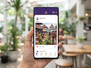 Bright professional photography, clean mobile phone screen showing a verified local Indonesian community app, royal purple and gold accents, natural daylight