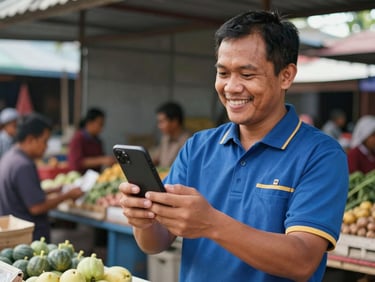 Indonesian local market merchant smiling, showing a mobile phone transaction under natural daylight, authentic community atmosphere