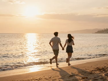 Cinematic wide shot of a couple running hand-in-hand along a golden beach at sunset, warm water reflections, soft natural lens flare.