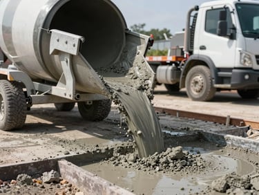 Ready-mix concrete being poured from a transit mixer chute onto a slab form, mid-morning site light, wet concrete texture, no posed workers