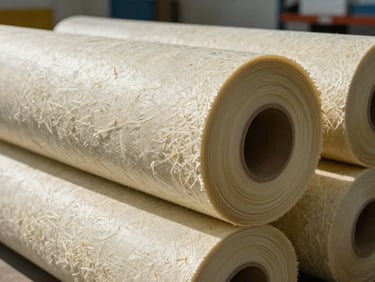 Rolls of thermal and acoustic insulation material stacked in a storage bay, site daylight, cross-section of fibrous layer visible on cut roll